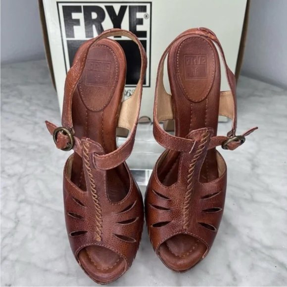 Frye Fran X Stitch Leather 5" High Wood Heels Boho Shoes Brown Sandals Copper 9 - Picture 11 of 14